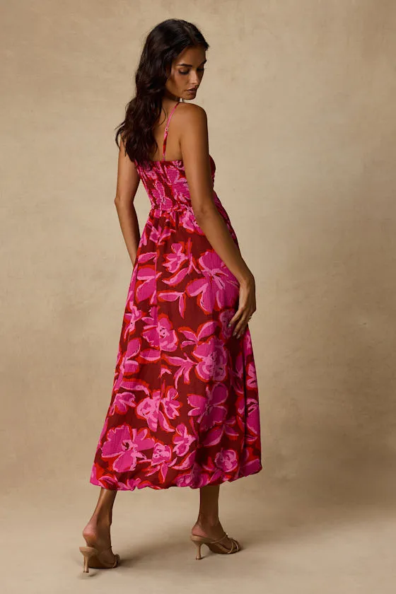 Sparrow Red and Pink Floral Tie-Front Midi Dress sold by Lulus product image thumbnail 4