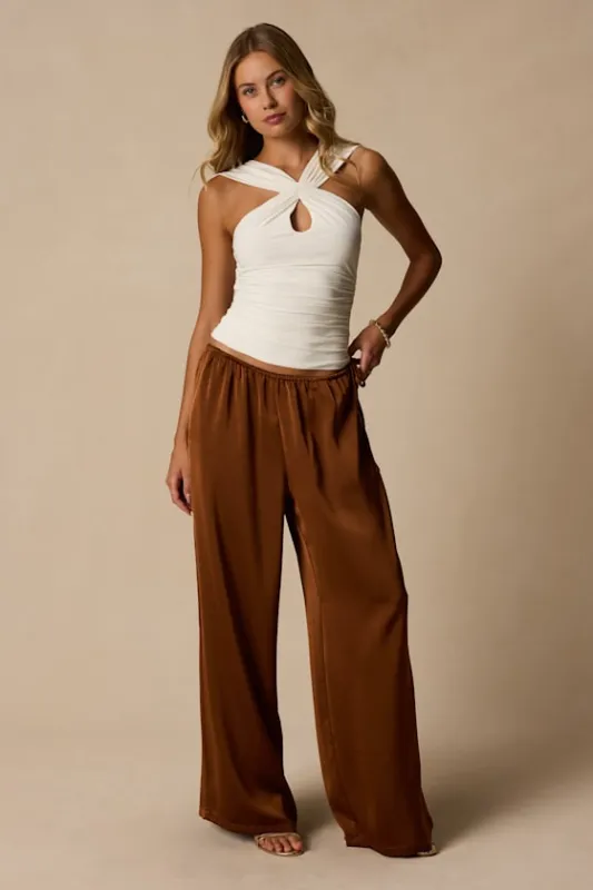 Amala Brown Satin Mid-Rise Wide-Leg Pants made by Lulus