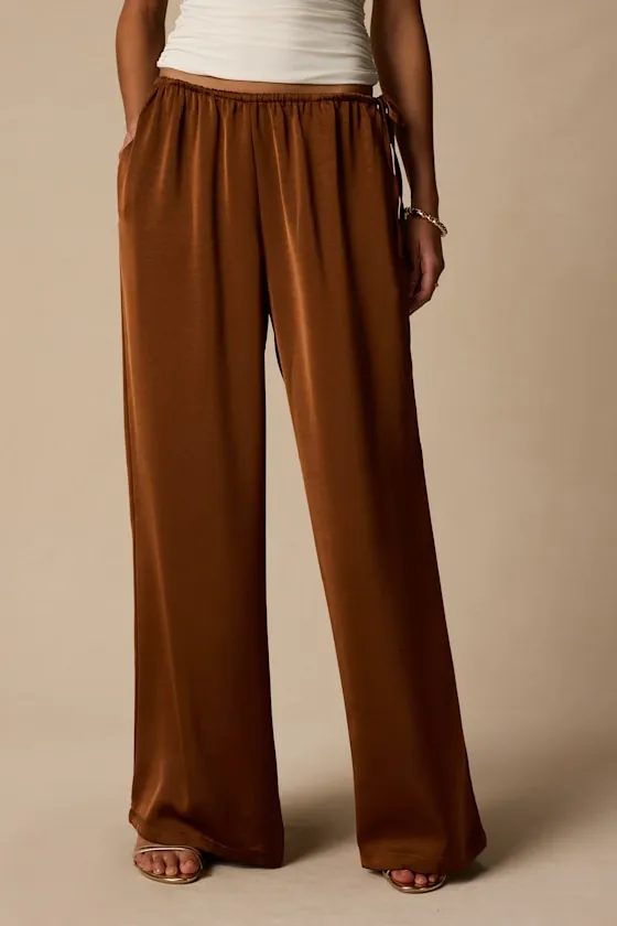 Amala Brown Satin Mid-Rise Wide-Leg Pants sold by Lulus product image thumbnail 2