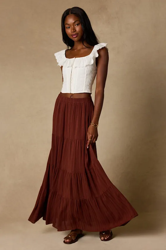 Sunset by the Sea Brown Embroidered Tiered Maxi Skirt sold by Lulus