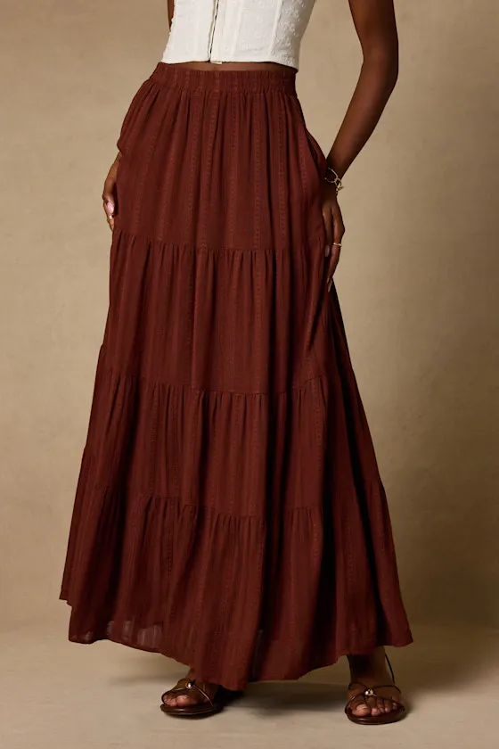Sunset by the Sea Brown Embroidered Tiered Maxi Skirt sold by Lulus product image thumbnail 2