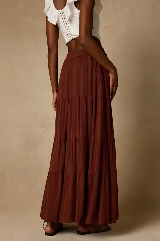 Sunset by the Sea Brown Embroidered Tiered Maxi Skirt sold by Lulus product image thumbnail 3