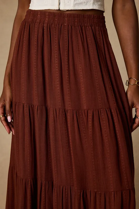Sunset by the Sea Brown Embroidered Tiered Maxi Skirt sold by Lulus product image thumbnail 4