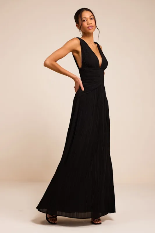 Kelina Black Pleated Drop Waist Maxi Dress made by Lulus