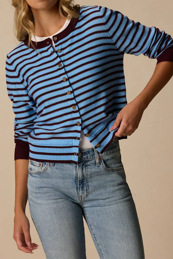 Becky Blue and Burgundy Striped Button-Up Cardigan sold by Lulus product image thumbnail 2