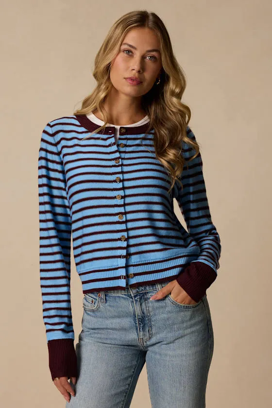 Becky Blue and Burgundy Striped Button-Up Cardigan sold by Lulus product image thumbnail 4