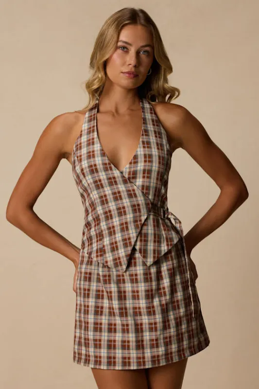 Lexi Brown Multi Plaid Surplice Mini Dress made by Lulus