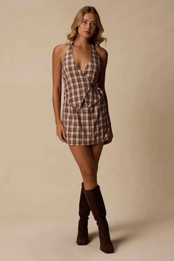Lexi Brown Multi Plaid Surplice Mini Dress sold by Lulus product image thumbnail 3