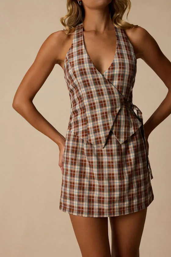 Lexi Brown Multi Plaid Surplice Mini Dress sold by Lulus product image thumbnail 4