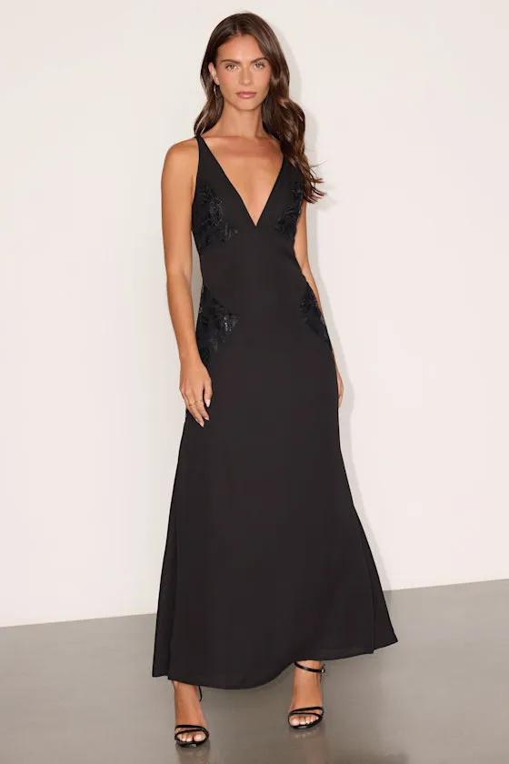 Julissa Black Embroidered Tie-Back Maxi Dress sold by Lulus