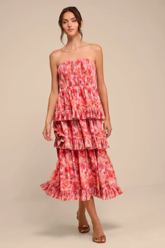 Lou Pink Multi Floral Tiered Midi Dress made by Lulus
