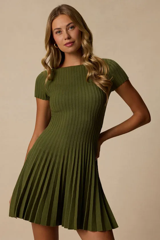 Sarielle Olive Pleated Sweater Mini Dress sold by Lulus