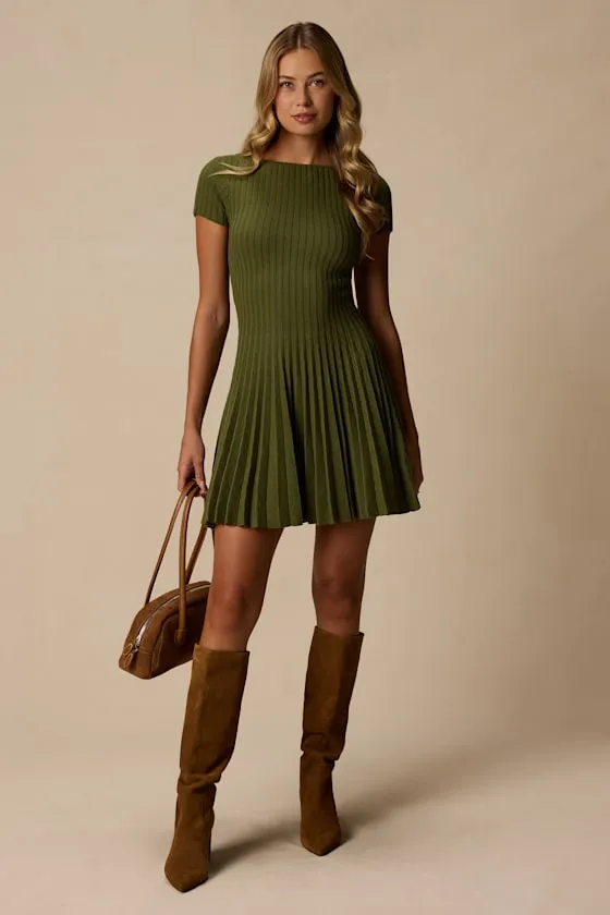 Sarielle Olive Pleated Sweater Mini Dress sold by Lulus product image thumbnail 4