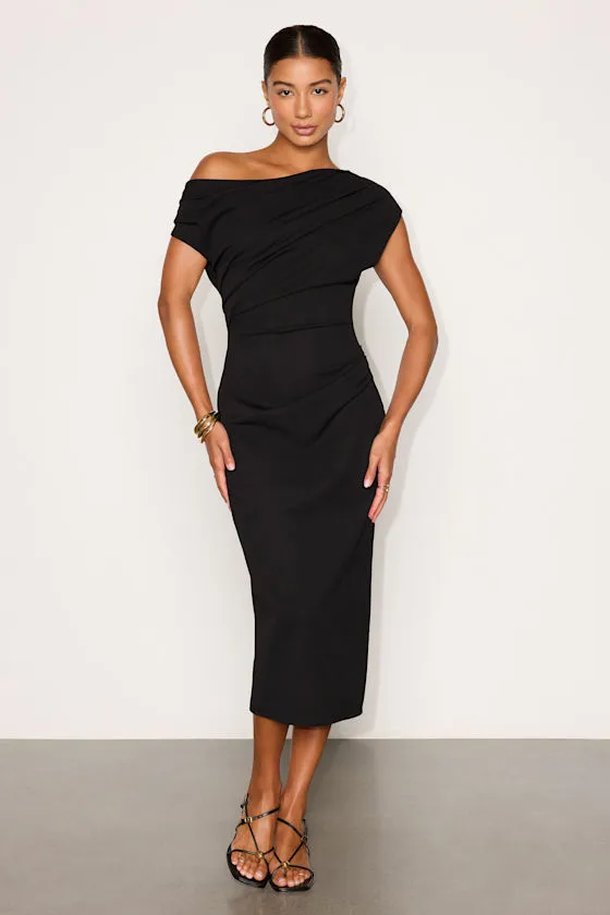Janine Black Asymmetrical Midi Dress sold by Lulus