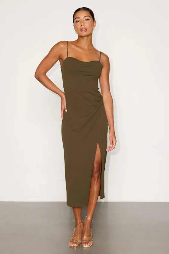 Always Turning Heads Olive Bustier Tulip Midi Dress sold by Lulus product image thumbnail 2