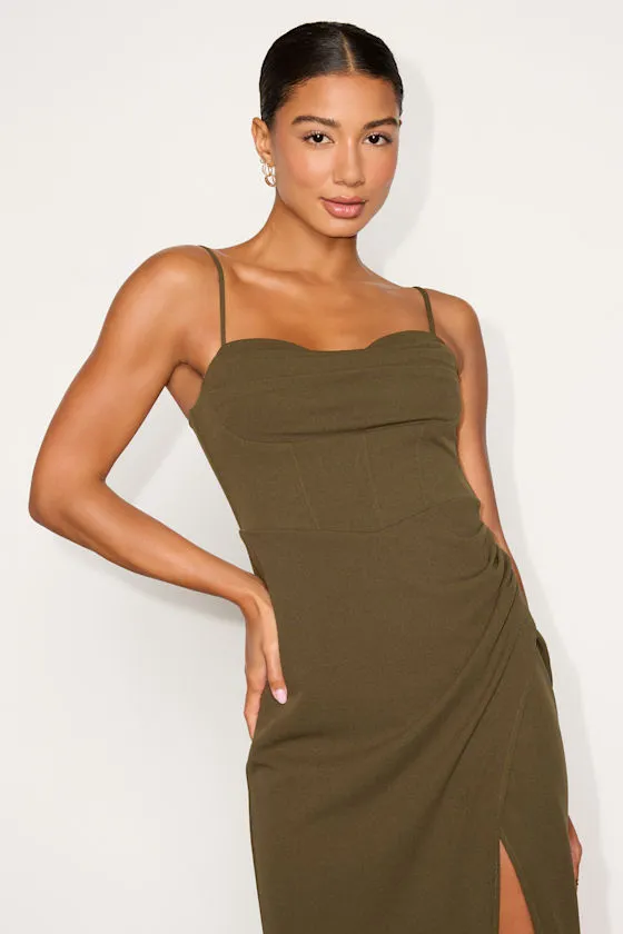 Always Turning Heads Olive Bustier Tulip Midi Dress sold by Lulus product image thumbnail 3
