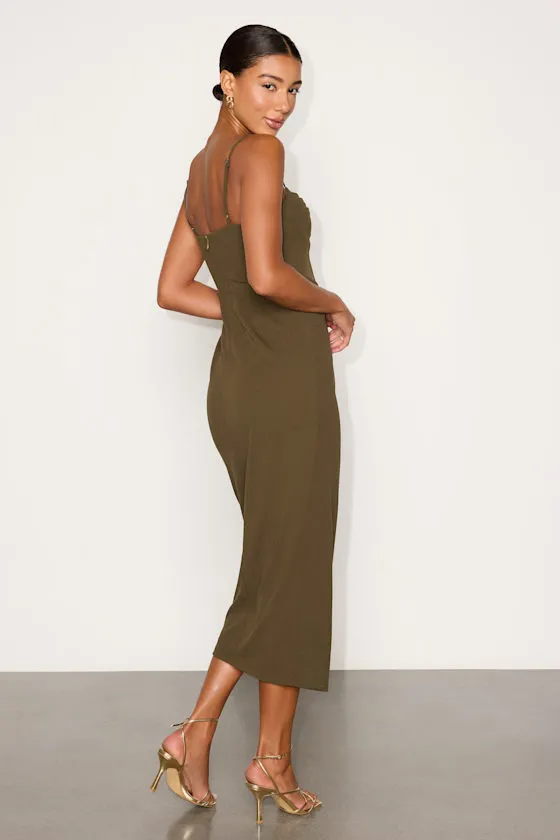 Always Turning Heads Olive Bustier Tulip Midi Dress sold by Lulus product image thumbnail 4