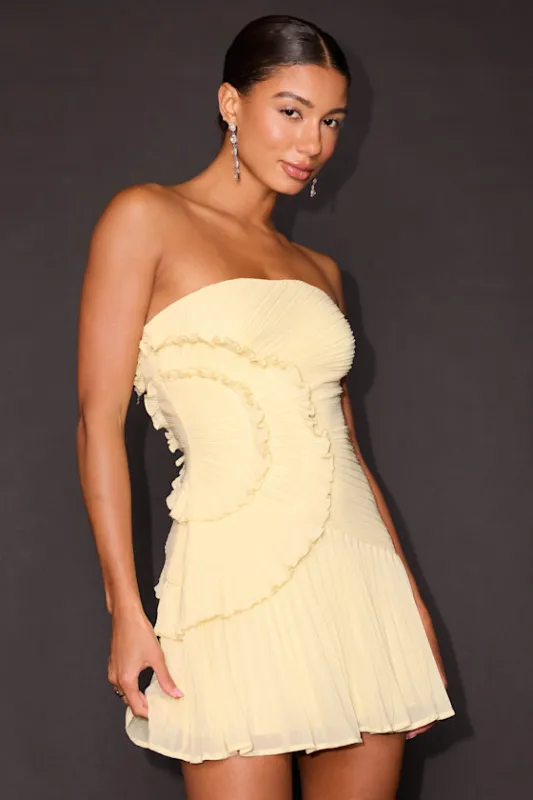 Brylee Butter Yellow Pleated Ruffled Strapless Mini Dress made by Lulus