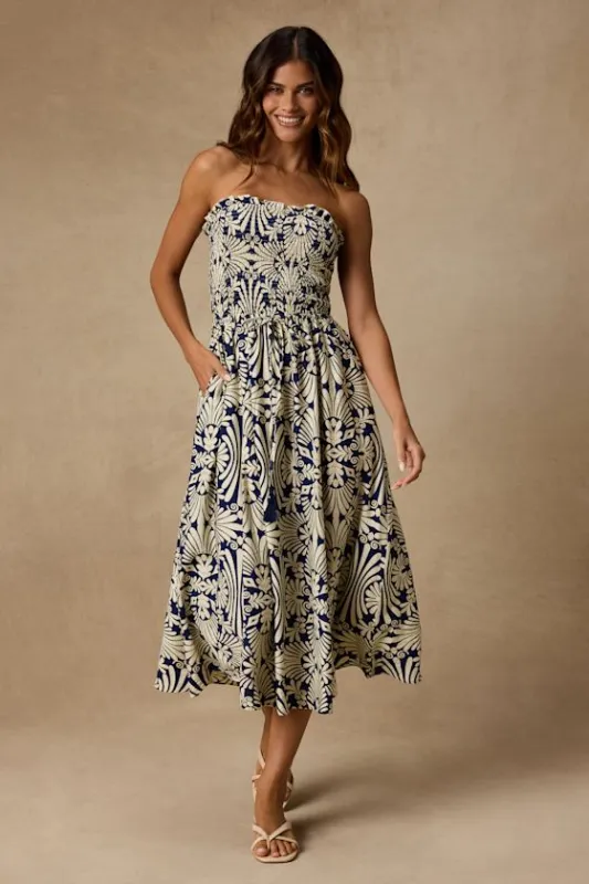 Megana Navy and Ivory Boho Print Smocked Midi Dress made by Lulus