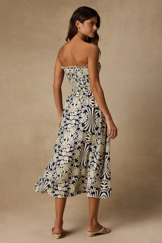 Megana Navy and Ivory Boho Print Smocked Midi Dress sold by Lulus product image thumbnail 3