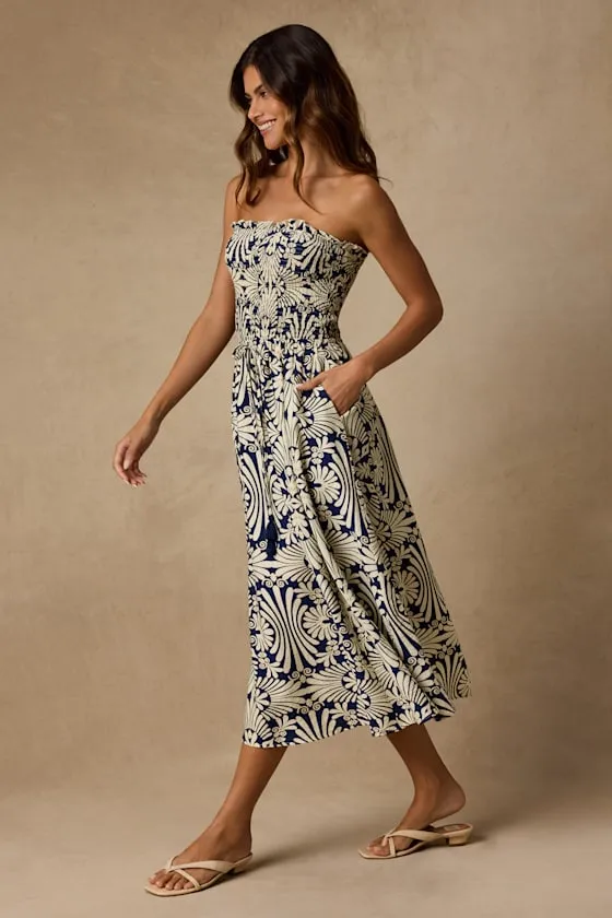 Megana Navy and Ivory Boho Print Smocked Midi Dress sold by Lulus product image thumbnail 4