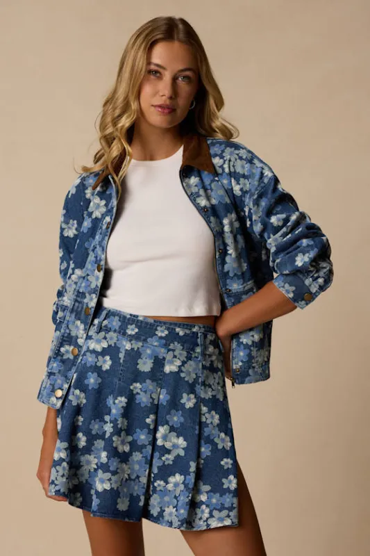 Cohen Medium Wash Floral Denim Pleated Skort made by Lulus