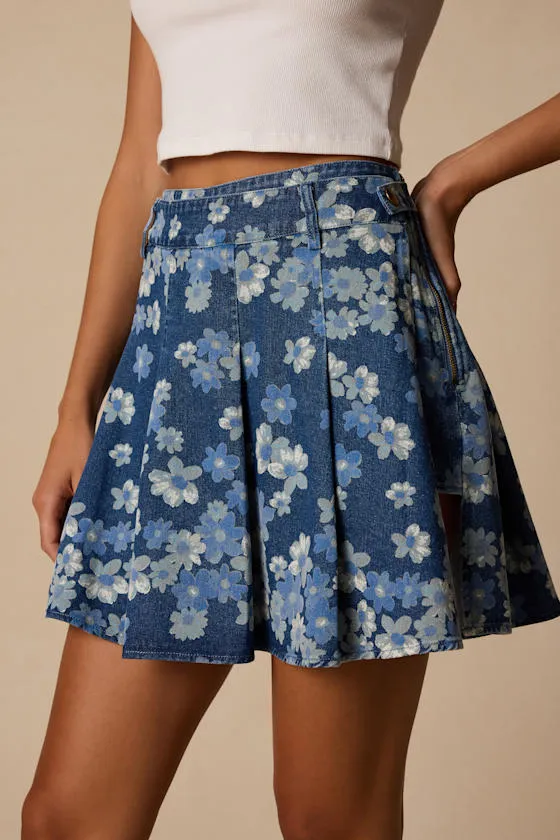 Cohen Medium Wash Floral Denim Pleated Skort sold by Lulus product image thumbnail 3