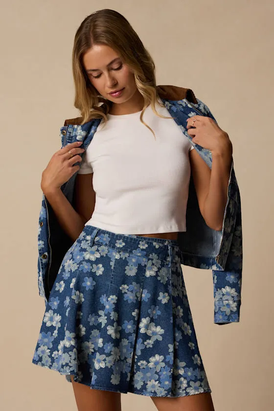 Cohen Medium Wash Floral Denim Pleated Skort sold by Lulus product image thumbnail 4