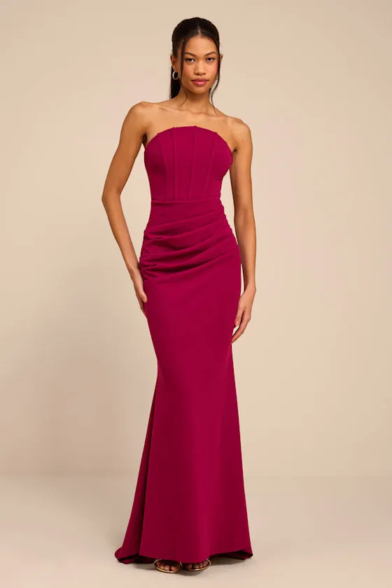 Laney Dark Magenta Strapless Corset Maxi Dress sold by Lulus