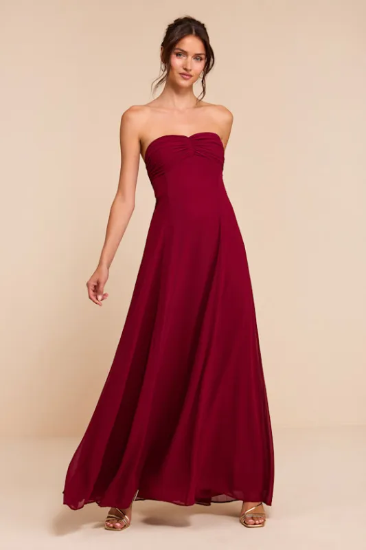Kamalia Wine Red Strapless Maxi Dress made by Lulus