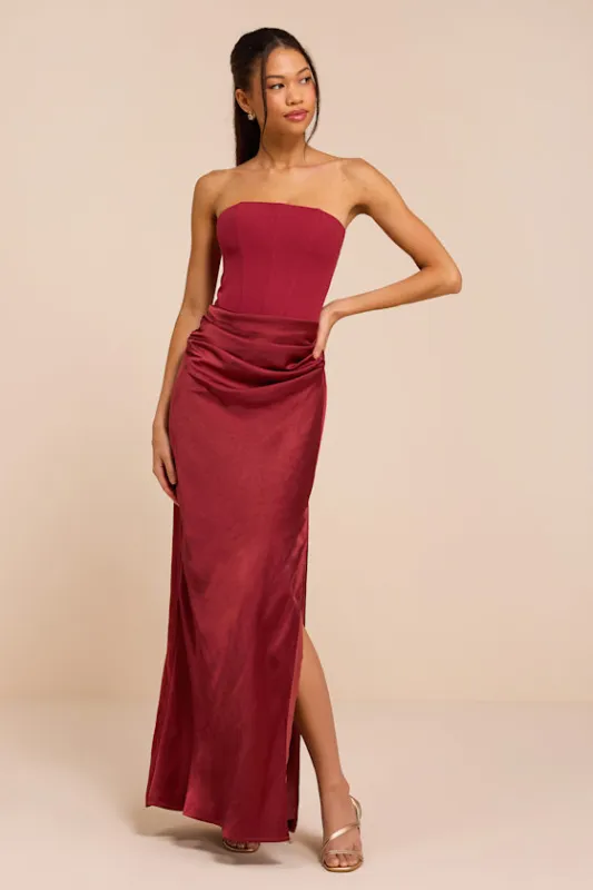 Mella Burgundy Mixed Media Strapless Maxi Dress made by Lulus