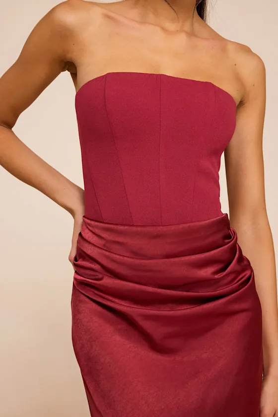Mella Burgundy Mixed Media Strapless Maxi Dress sold by Lulus product image thumbnail 2
