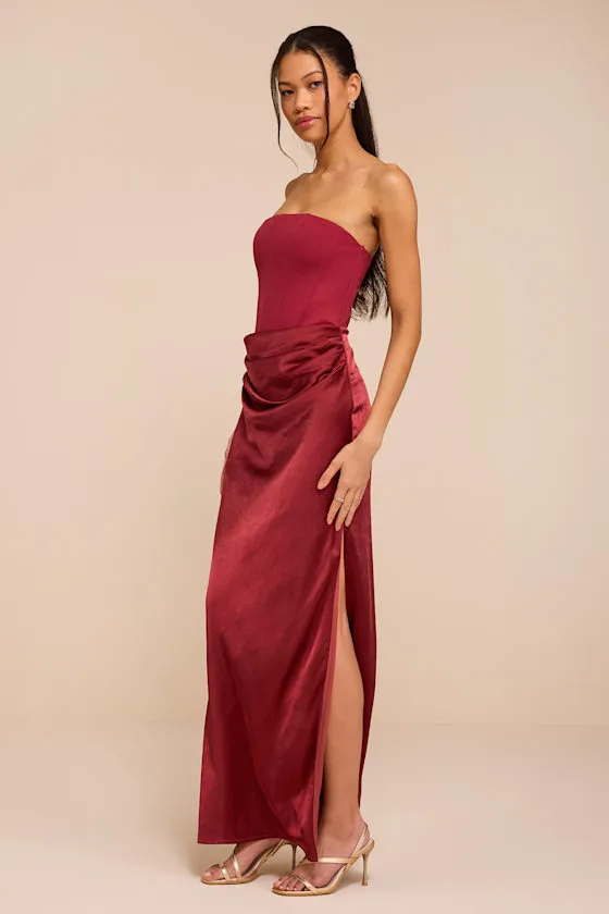 Mella Burgundy Mixed Media Strapless Maxi Dress sold by Lulus product image thumbnail 4