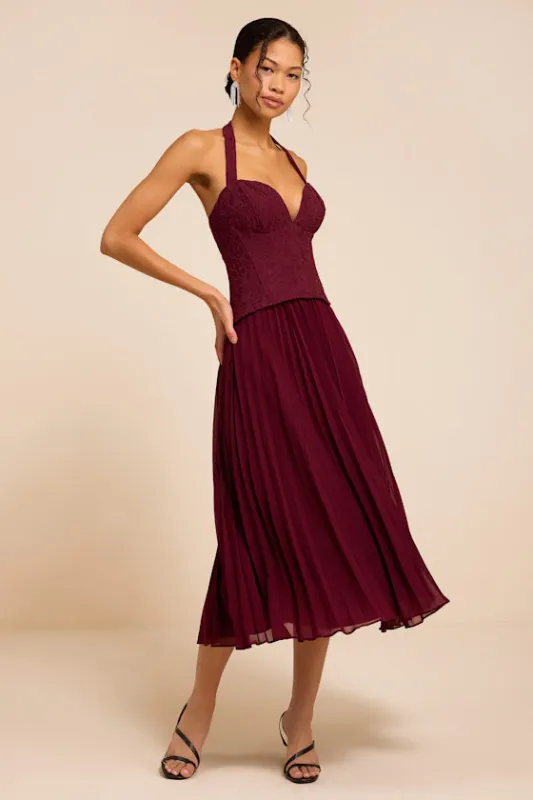 Baylin Burgundy Lace Bustier Midi Dress made by Lulus