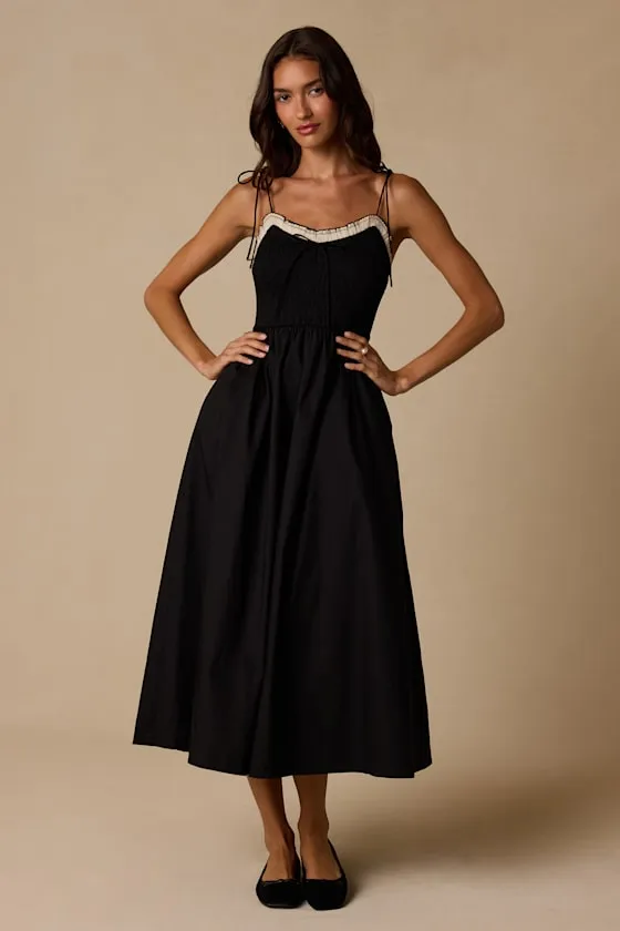 Janey Black Smocked Tie-Strap Midi Dress sold by Lulus