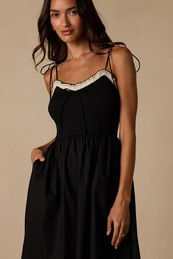 Janey Black Smocked Tie-Strap Midi Dress sold by Lulus product image thumbnail 2