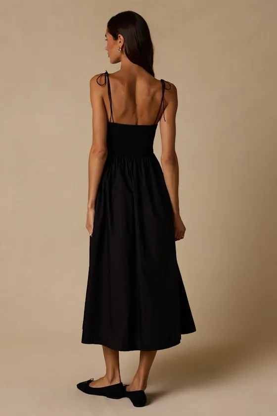 Janey Black Smocked Tie-Strap Midi Dress sold by Lulus product image thumbnail 3