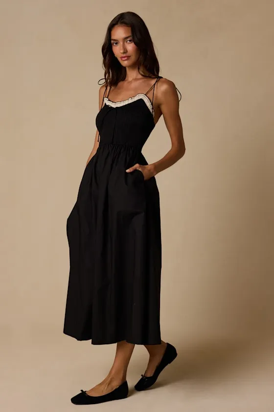 Janey Black Smocked Tie-Strap Midi Dress sold by Lulus product image thumbnail 4