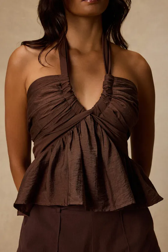 Kadri Brown Peplum Halter Top sold by Lulus product image thumbnail 4
