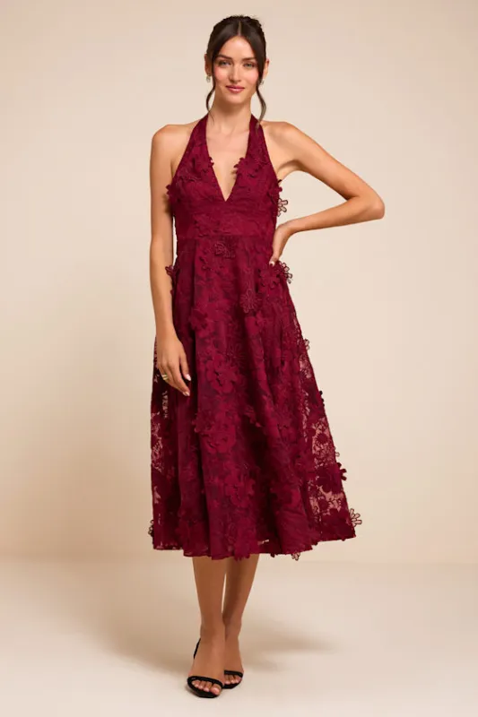 Kennia Burgundy 3D Floral Embroidered Halter Midi Dress made by Lulus