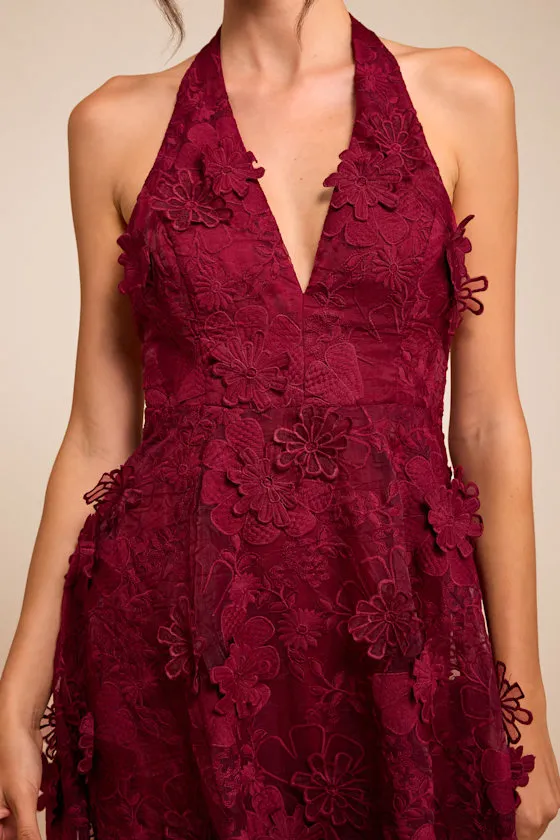 Kennia Burgundy 3D Floral Embroidered Halter Midi Dress sold by Lulus product image thumbnail 2
