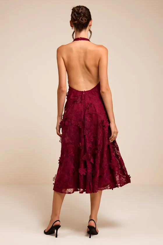 Kennia Burgundy 3D Floral Embroidered Halter Midi Dress sold by Lulus product image thumbnail 3