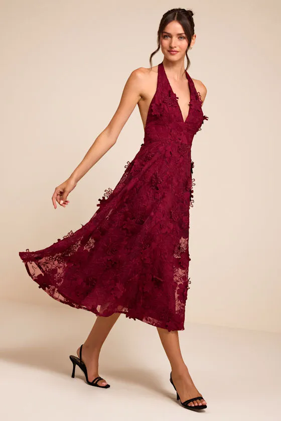 Kennia Burgundy 3D Floral Embroidered Halter Midi Dress sold by Lulus product image thumbnail 4