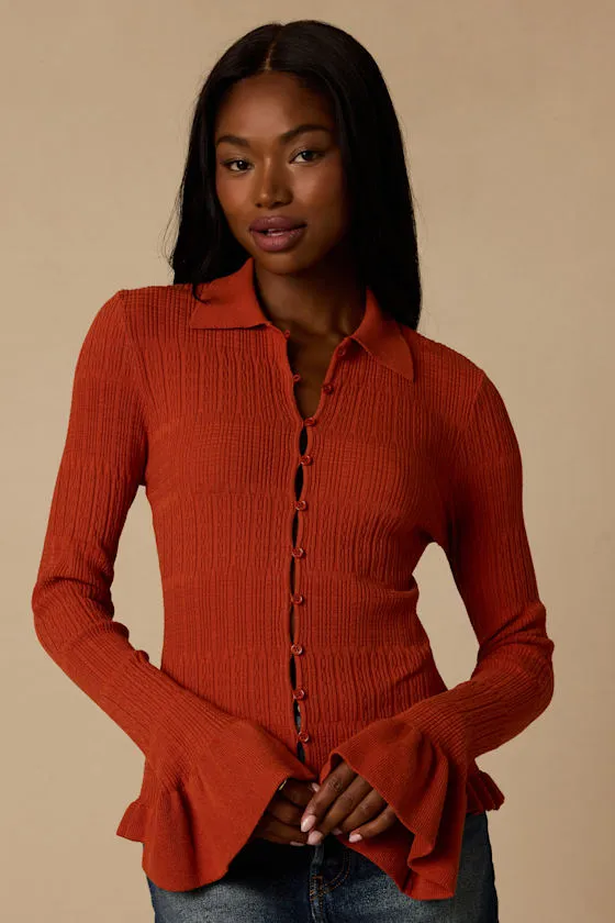 Arlinda Rust Knit Textured Cardigan Sweater Top sold by Lulus