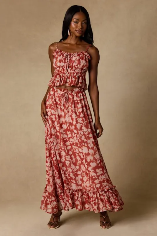 Aleni Rust Floral Print Maxi Skirt made by Lulus