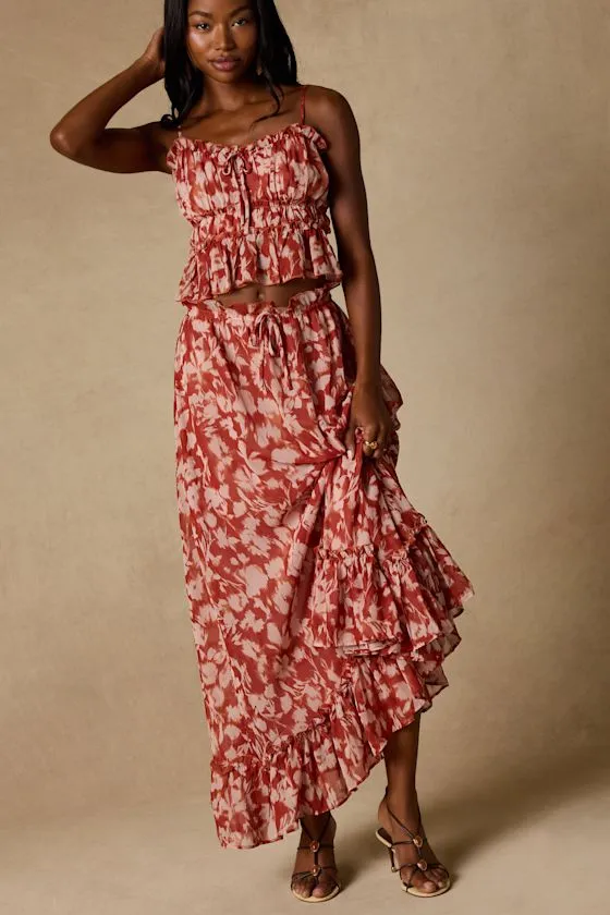 Aleni Rust Floral Print Maxi Skirt sold by Lulus product image thumbnail 4