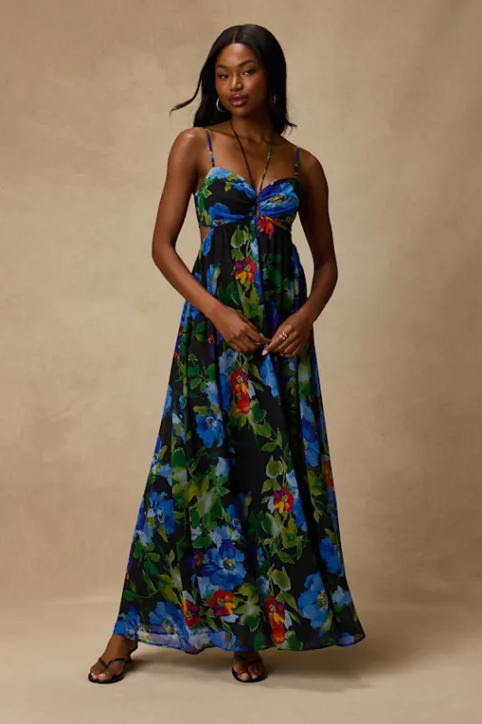 Jenny Black Floral Print Strappy Tie-Back Maxi Dress made by Lulus