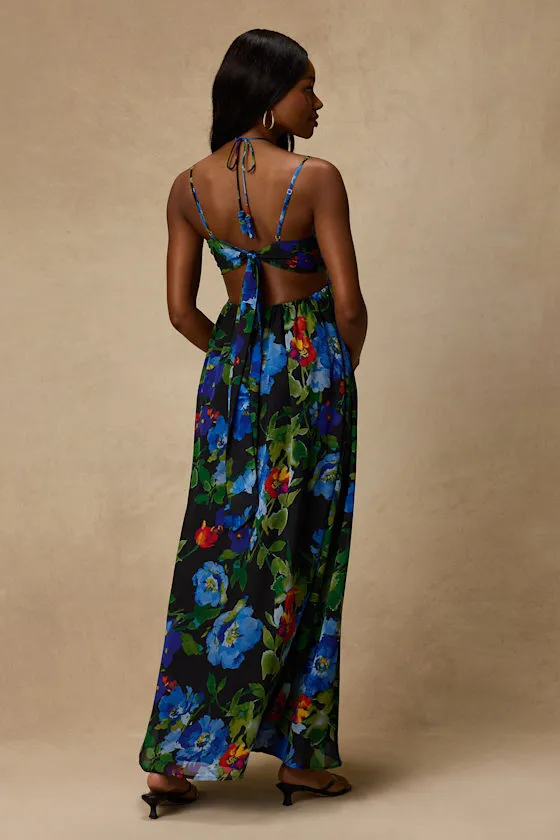 Jenny Black Floral Print Strappy Tie-Back Maxi Dress sold by Lulus product image thumbnail 3