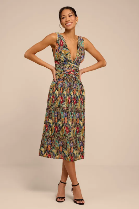 Kelina Black Multi Floral Pleated Drop Waist Midi Dress made by Lulus