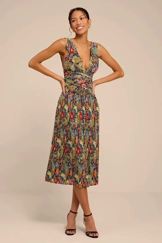 Kelina Black Multi Floral Pleated Drop Waist Midi Dress sold by Lulus